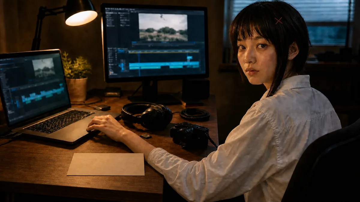 A photorealistic live-action Lain Iwakura editing video at a late-night desk with a timeline, headphones and camera