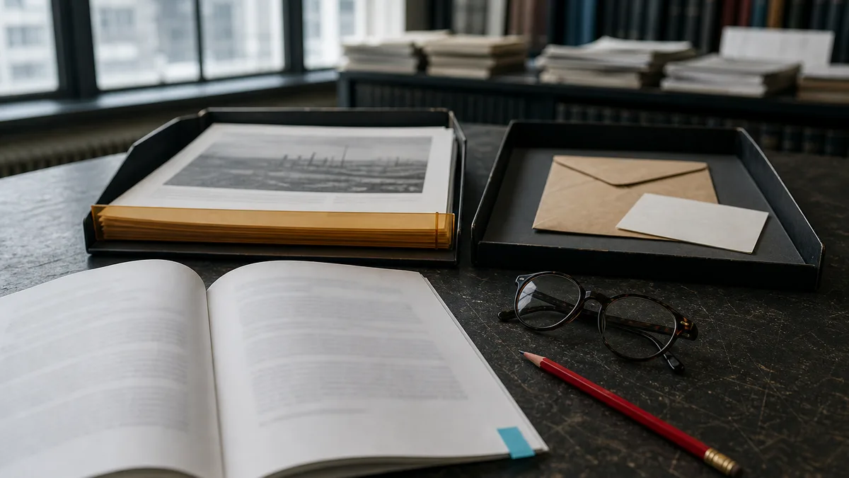 An open policy book beside separate trays for publication material and private notes