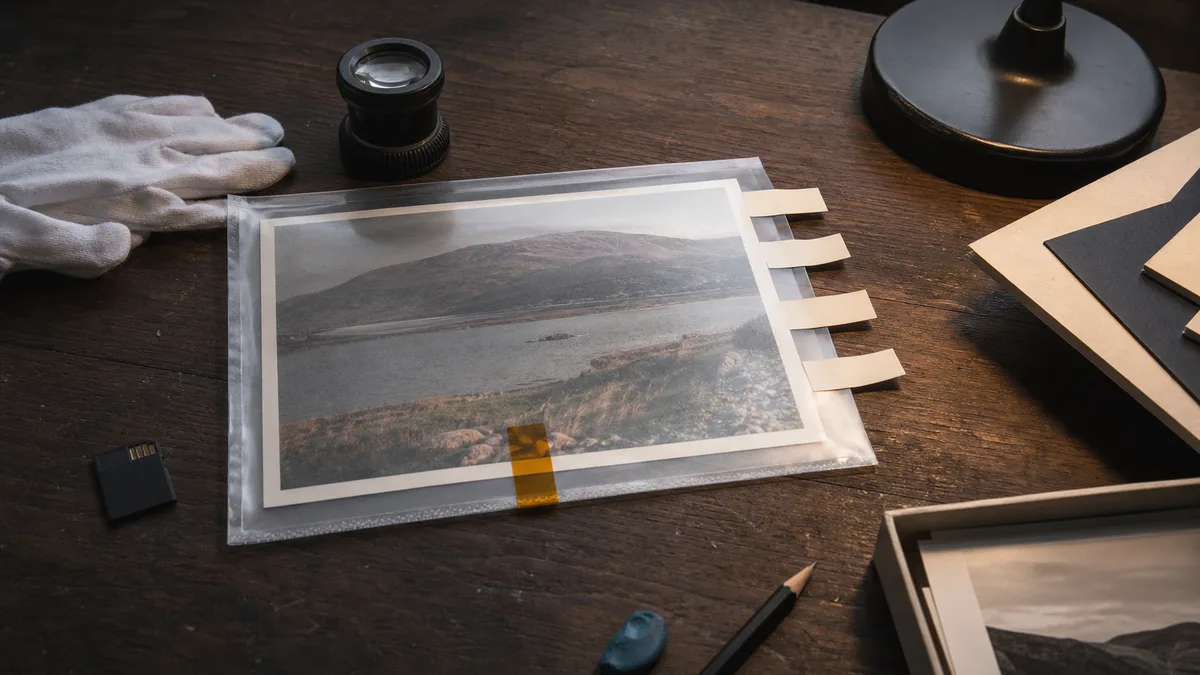 A landscape photograph in an archival sleeve with removable paper tabs and an amber seal