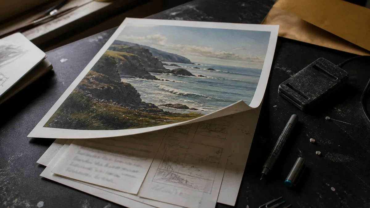 A finished coastline print partly covering handwritten process notes and thumbnail sketches