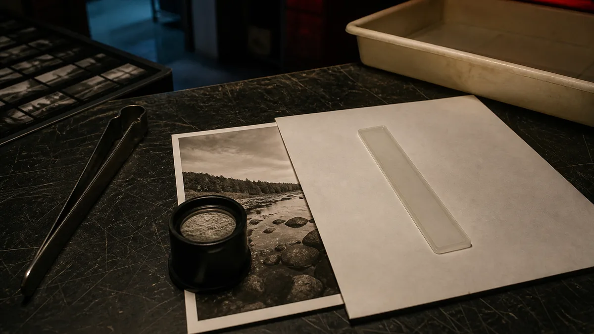 A darkroom print partly covered by a sleeve and examined through a grain magnifier